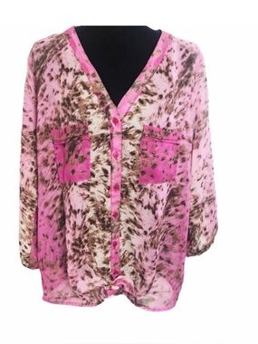 METRO 22 Animal Print Sheer Button Down Blouse 2X